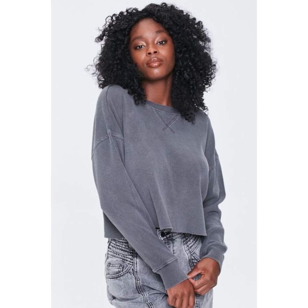 FOREVER 21 DROPPED SLEEVE THERMAL CROPPED SHIRT (GREY)